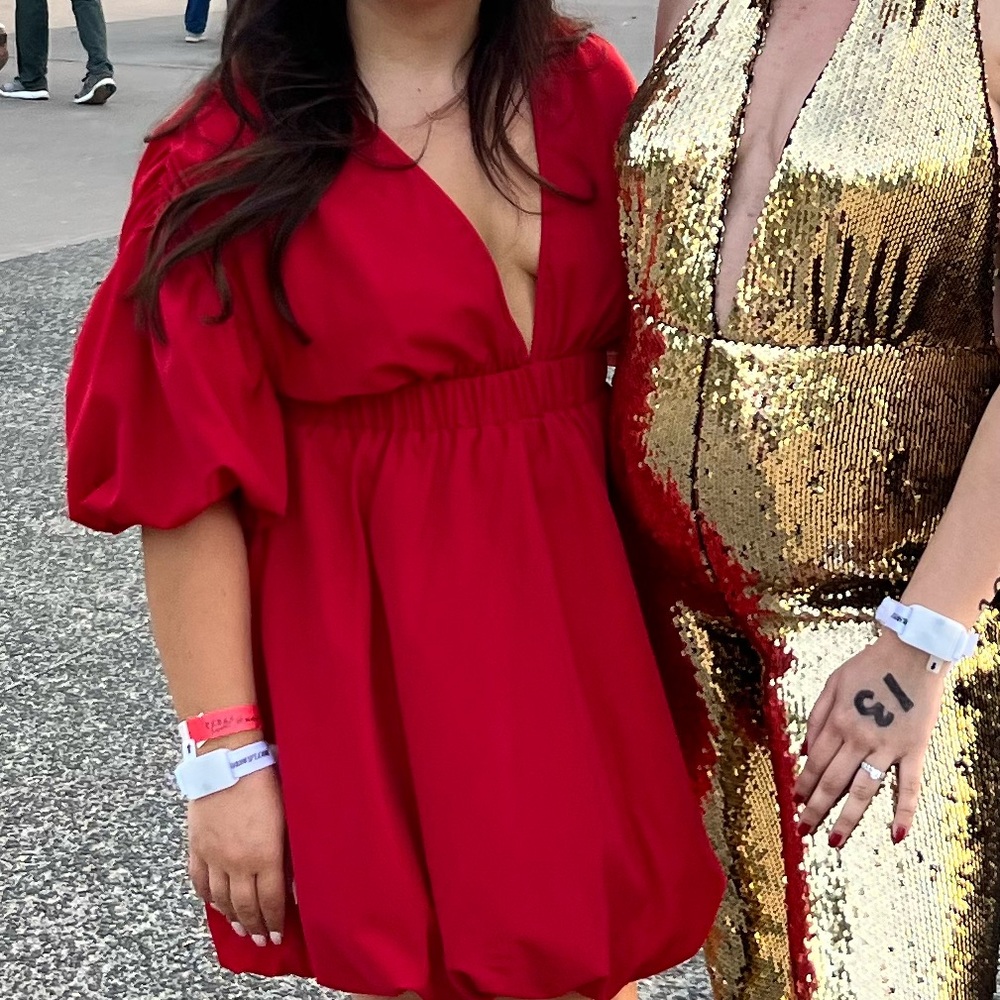 Red V-Neck Dress with Puff Sleeves